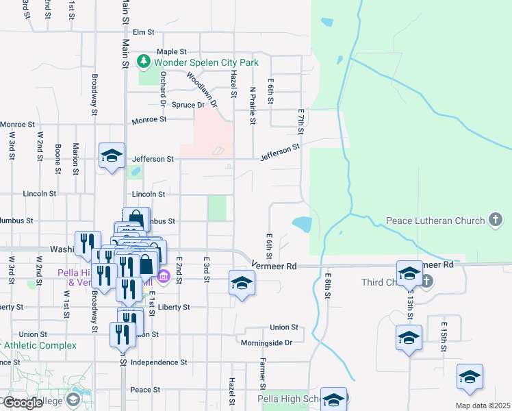 map of restaurants, bars, coffee shops, grocery stores, and more near 1000 Hazel Street in Pella