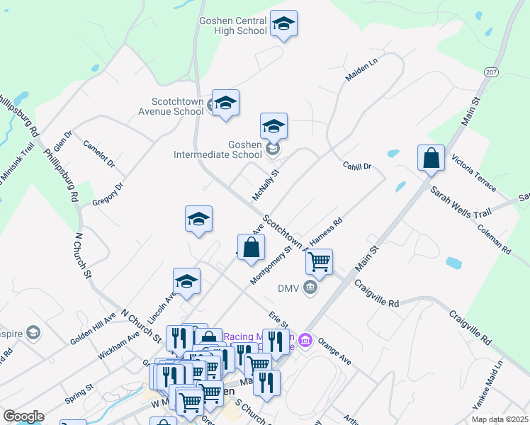map of restaurants, bars, coffee shops, grocery stores, and more near 151 Murray Avenue in Goshen