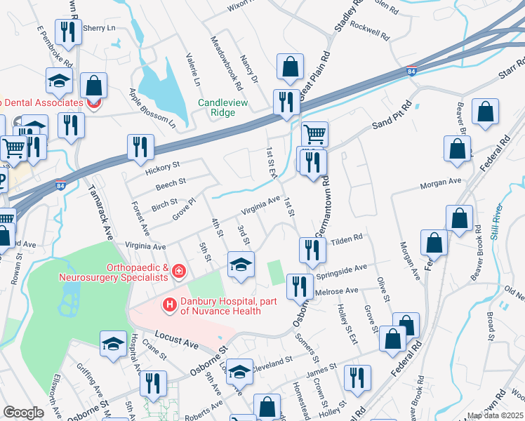 map of restaurants, bars, coffee shops, grocery stores, and more near 10 Virginia Avenue in Danbury