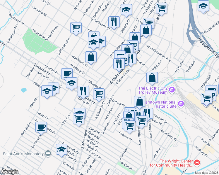 map of restaurants, bars, coffee shops, grocery stores, and more near 212 South Main Avenue in Scranton