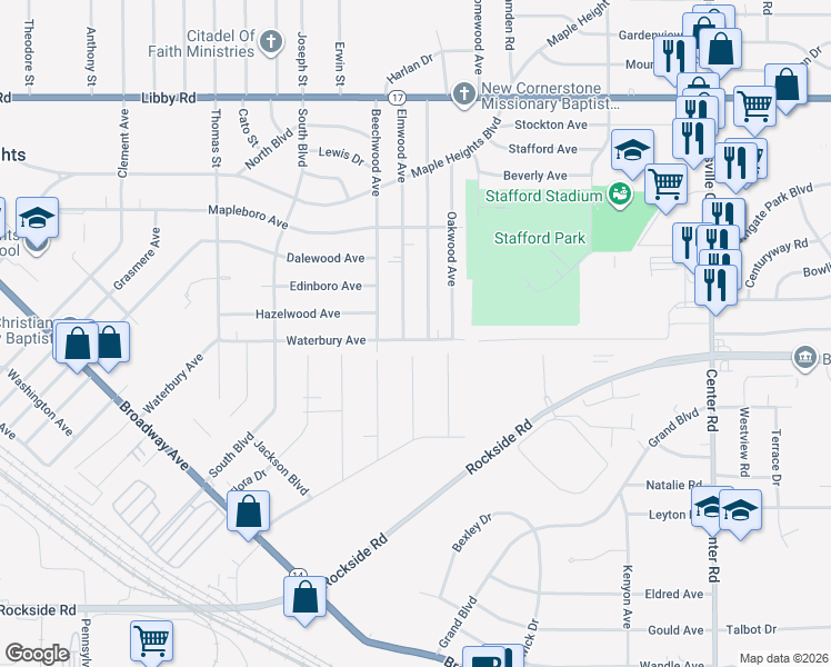 map of restaurants, bars, coffee shops, grocery stores, and more near 5555 Elmwood Avenue in Maple Heights