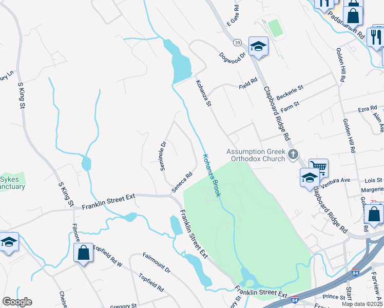 map of restaurants, bars, coffee shops, grocery stores, and more near 18 Seneca Road in Danbury