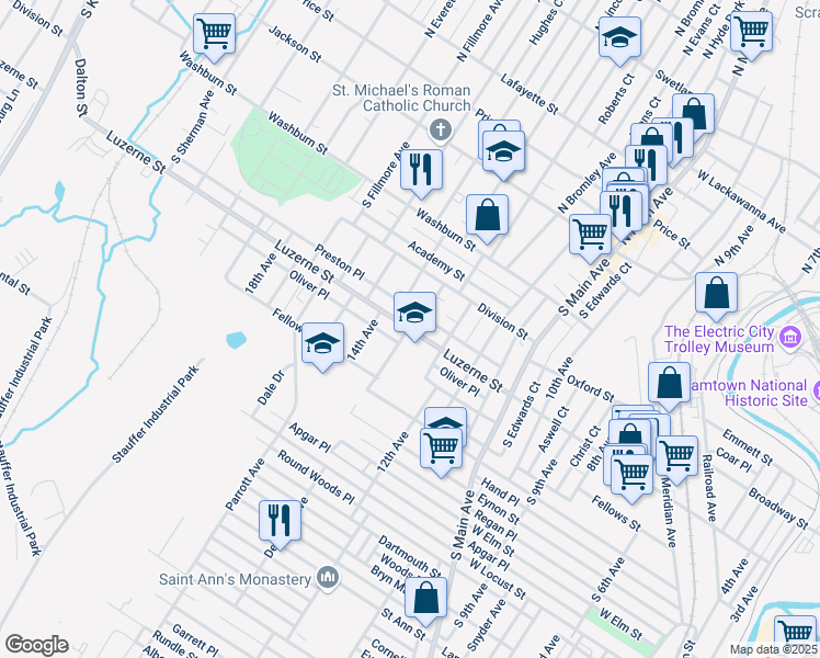 map of restaurants, bars, coffee shops, grocery stores, and more near 1312 Luzerne Street in Scranton