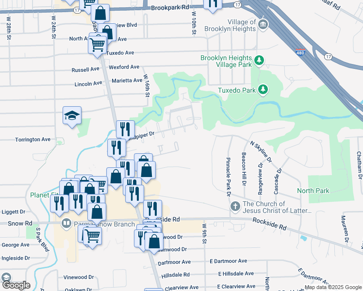 map of restaurants, bars, coffee shops, grocery stores, and more near 100 Omalley Drive in Parma