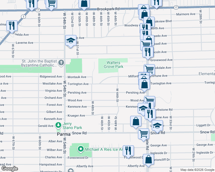 map of restaurants, bars, coffee shops, grocery stores, and more near 4526 Torrington Avenue in Parma
