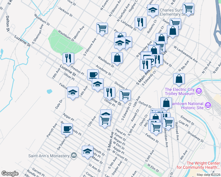 map of restaurants, bars, coffee shops, grocery stores, and more near 1141 Division Street in Scranton
