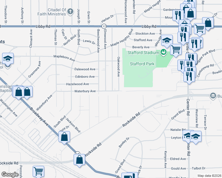 map of restaurants, bars, coffee shops, grocery stores, and more near 5555 Elmwood Avenue in Maple Heights