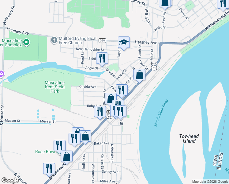 map of restaurants, bars, coffee shops, grocery stores, and more near 611 Liberty Street in Muscatine