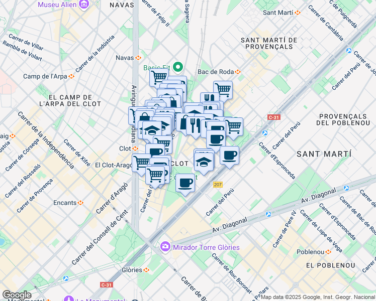 map of restaurants, bars, coffee shops, grocery stores, and more near 8 Carrer del Concili de Trento in Barcelona