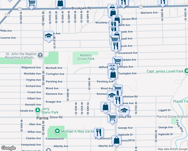 map of restaurants, bars, coffee shops, grocery stores, and more near 4211 Torrington Avenue in Parma