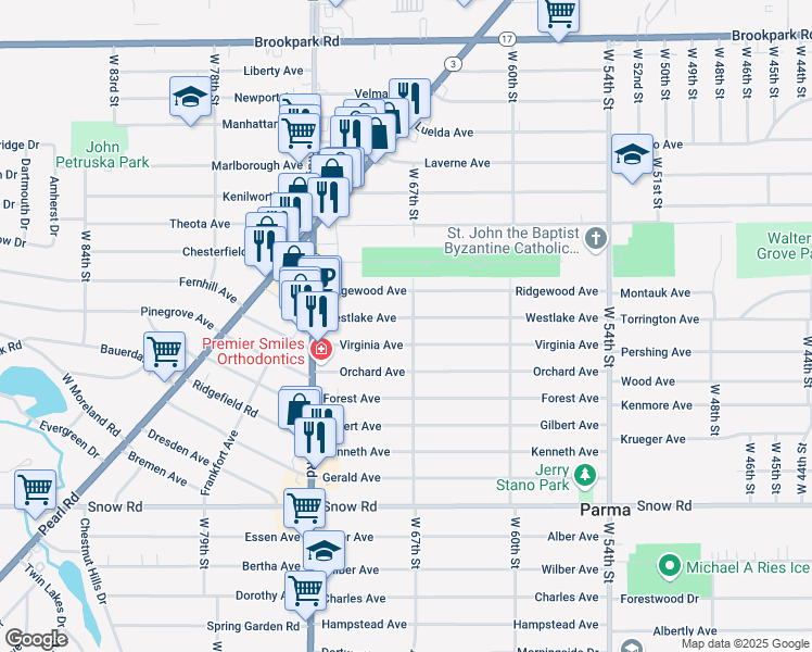 map of restaurants, bars, coffee shops, grocery stores, and more near 6702 Westlake Avenue in Parma