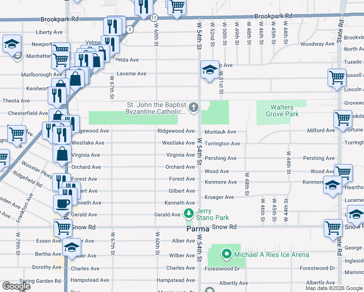 map of restaurants, bars, coffee shops, grocery stores, and more near 5607 Westlake Avenue in Parma