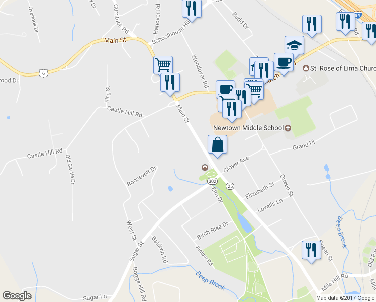 map of restaurants, bars, coffee shops, grocery stores, and more near 15 Main Street in Newtown