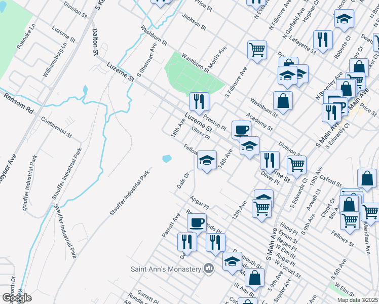 map of restaurants, bars, coffee shops, grocery stores, and more near 1600 Fellows Street in Scranton