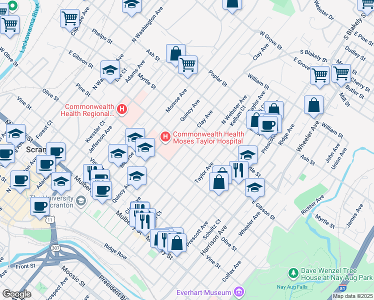 map of restaurants, bars, coffee shops, grocery stores, and more near 801 North Webster Avenue in Scranton
