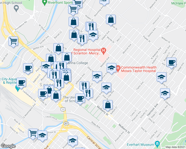 map of restaurants, bars, coffee shops, grocery stores, and more near 720 Olive Street in Scranton