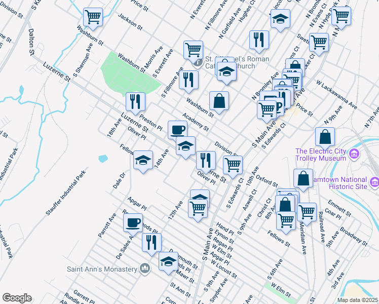 map of restaurants, bars, coffee shops, grocery stores, and more near 1212 Preston Place in Scranton