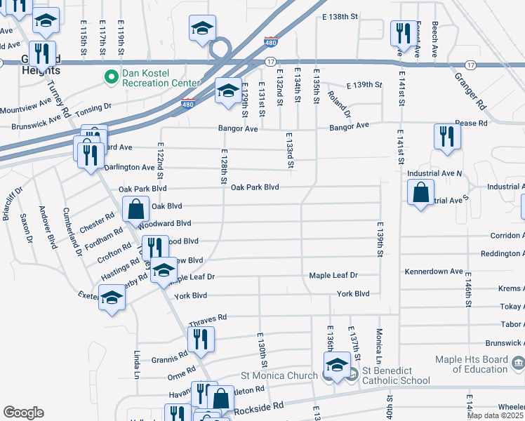 map of restaurants, bars, coffee shops, grocery stores, and more near 13014 Shady Oak Boulevard in Garfield Heights