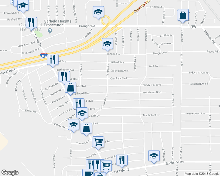 map of restaurants, bars, coffee shops, grocery stores, and more near 12808 Shady Oak Boulevard in Cleveland