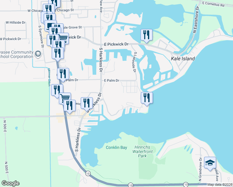 map of restaurants, bars, coffee shops, grocery stores, and more near 654 East Lake View Road in Syracuse