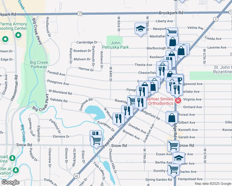 map of restaurants, bars, coffee shops, grocery stores, and more near 8315 Pinegrove Ave in Cleveland