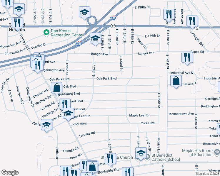 map of restaurants, bars, coffee shops, grocery stores, and more near 13014 Shady Oak Boulevard in Garfield Heights