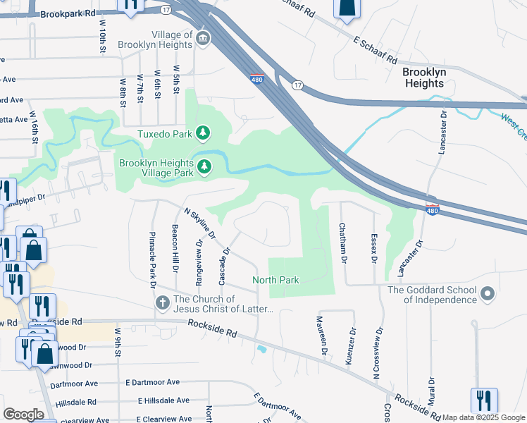 map of restaurants, bars, coffee shops, grocery stores, and more near 1478 North Circle View Drive in Seven Hills