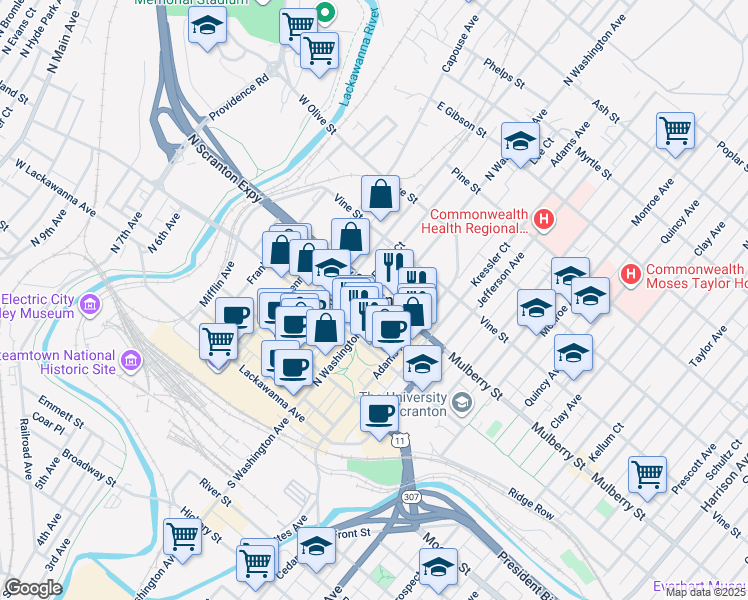map of restaurants, bars, coffee shops, grocery stores, and more near in Scranton