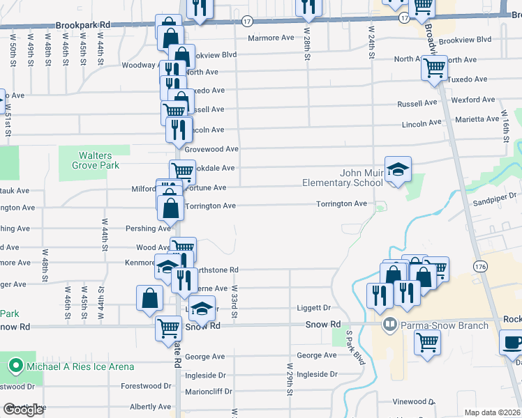 map of restaurants, bars, coffee shops, grocery stores, and more near 3015 Torrington Avenue in Parma