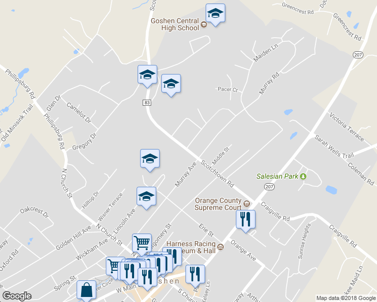 map of restaurants, bars, coffee shops, grocery stores, and more near 101 Scotchtown Road in Goshen