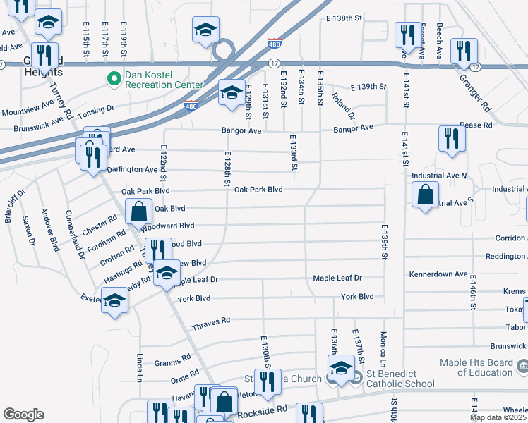 map of restaurants, bars, coffee shops, grocery stores, and more near 13014 Shady Oak Boulevard in Garfield Heights