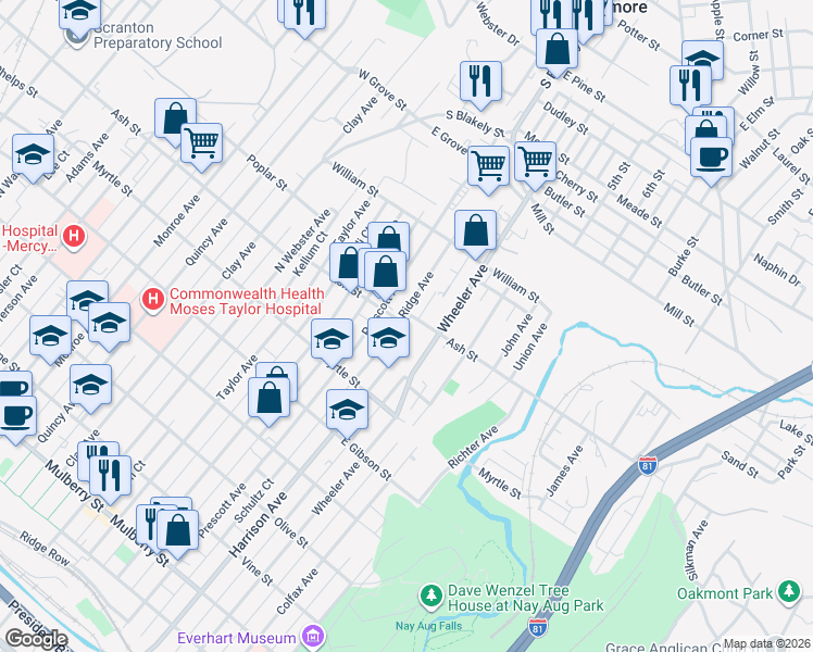 map of restaurants, bars, coffee shops, grocery stores, and more near 1606 Ash Street in Scranton