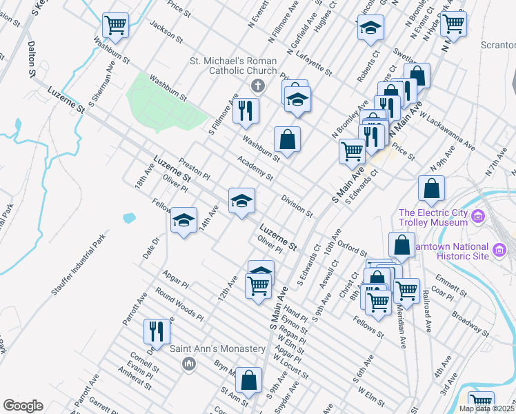 map of restaurants, bars, coffee shops, grocery stores, and more near 1212 Preston Pl in Scranton