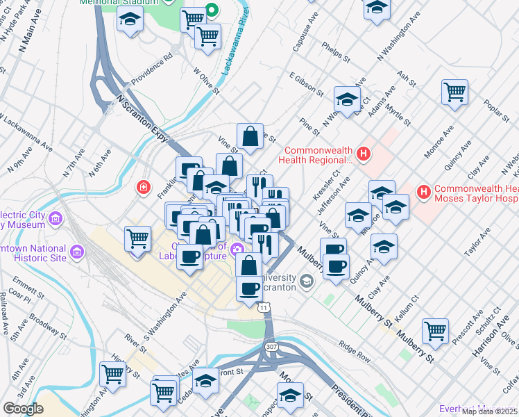 map of restaurants, bars, coffee shops, grocery stores, and more near 499 Dix Ct in Scranton