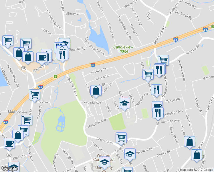 map of restaurants, bars, coffee shops, grocery stores, and more near 13 Grove Place in Danbury