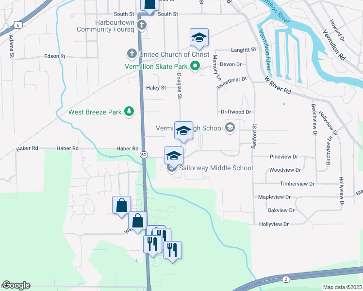 map of restaurants, bars, coffee shops, grocery stores, and more near 1285 Douglas Street in Vermilion