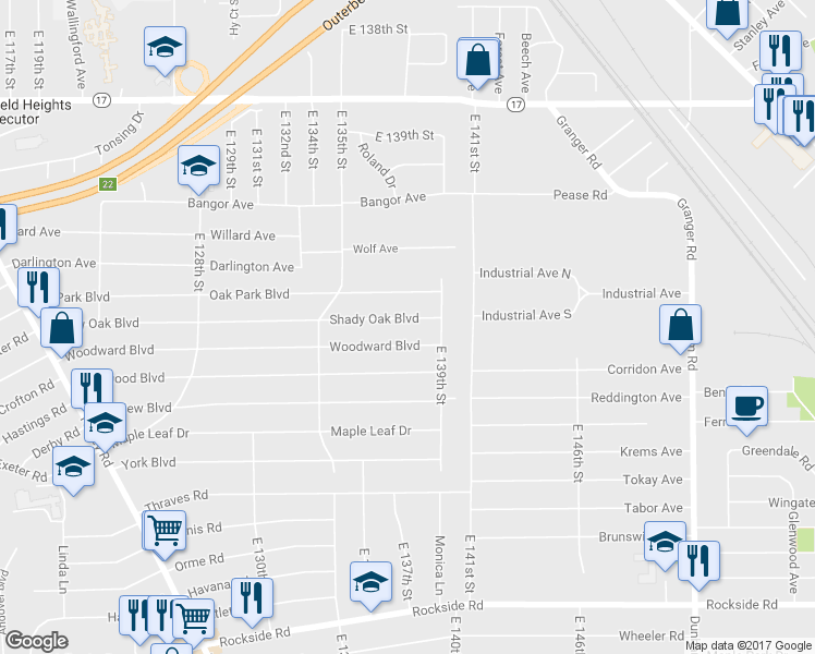 map of restaurants, bars, coffee shops, grocery stores, and more near 13790 Shady Oak Blvd in Garfield Heights