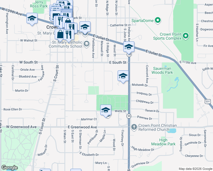 map of restaurants, bars, coffee shops, grocery stores, and more near 329-331 Maple Ln in Crown Point