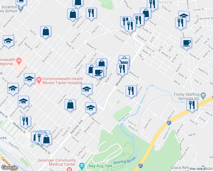 map of restaurants, bars, coffee shops, grocery stores, and more near 1606 Ash Street in Scranton