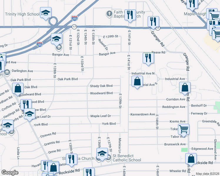 map of restaurants, bars, coffee shops, grocery stores, and more near 13790 Shady Oak Boulevard in Garfield Heights