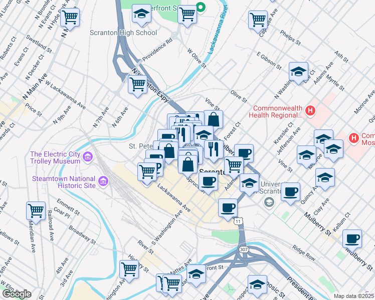map of restaurants, bars, coffee shops, grocery stores, and more near 310 Linden Street in Scranton
