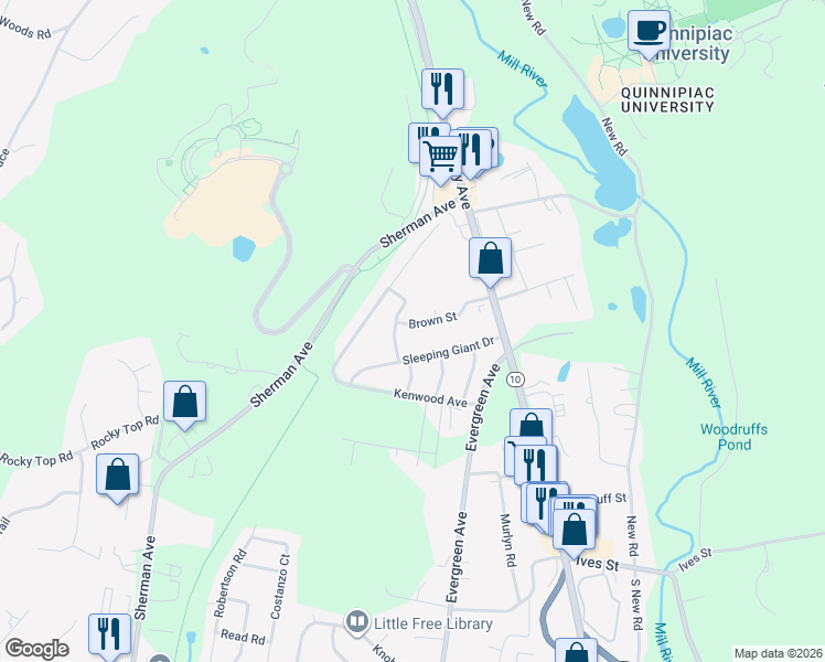 map of restaurants, bars, coffee shops, grocery stores, and more near 94 Brown Street in Hamden