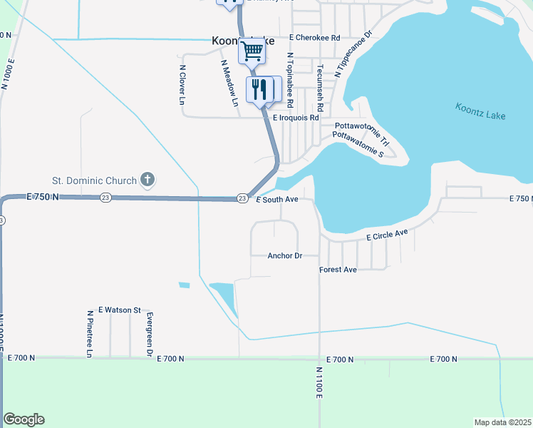 map of restaurants, bars, coffee shops, grocery stores, and more near 7475 Navigator Drive in Walkerton