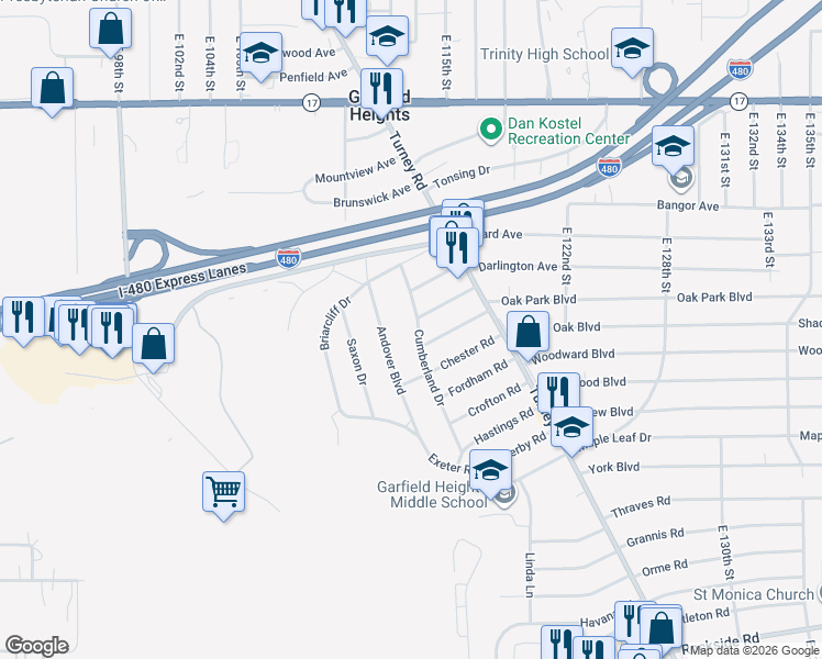 map of restaurants, bars, coffee shops, grocery stores, and more near 5570 Cumberland Drive in Garfield Heights