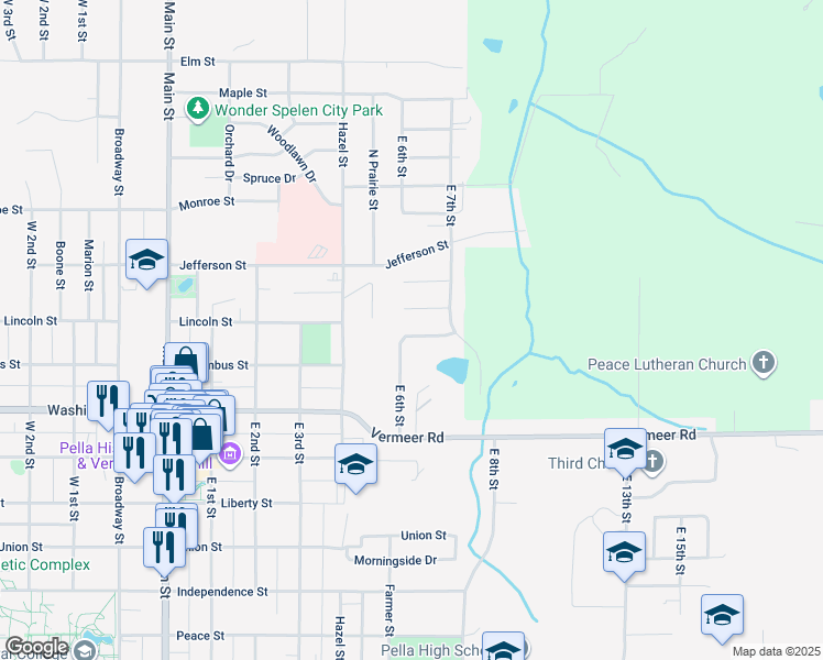 map of restaurants, bars, coffee shops, grocery stores, and more near 104 Lincoln Street in Pella