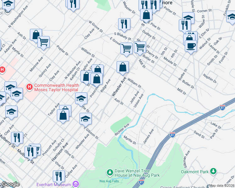 map of restaurants, bars, coffee shops, grocery stores, and more near 1007 Wheeler Avenue in Scranton