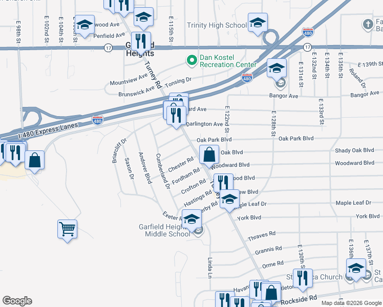 map of restaurants, bars, coffee shops, grocery stores, and more near 5588 Turney Road in Garfield Heights