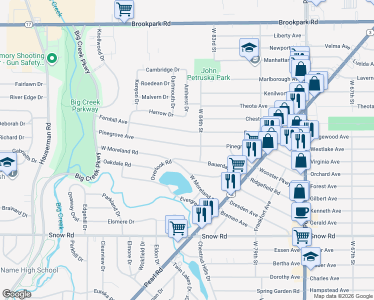 map of restaurants, bars, coffee shops, grocery stores, and more near 8415 Pinegrove Avenue in Parma