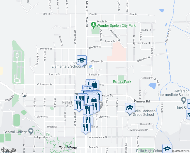 map of restaurants, bars, coffee shops, grocery stores, and more near 1015 East 1st Street in Pella