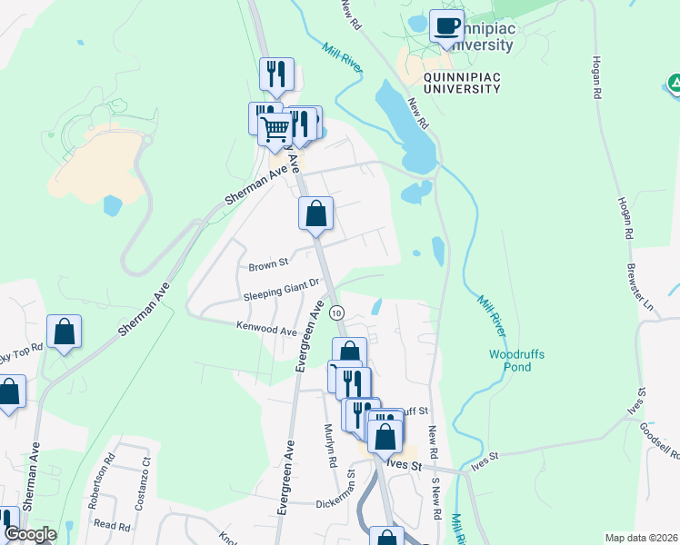 map of restaurants, bars, coffee shops, grocery stores, and more near 3171 Whitney Avenue in Hamden